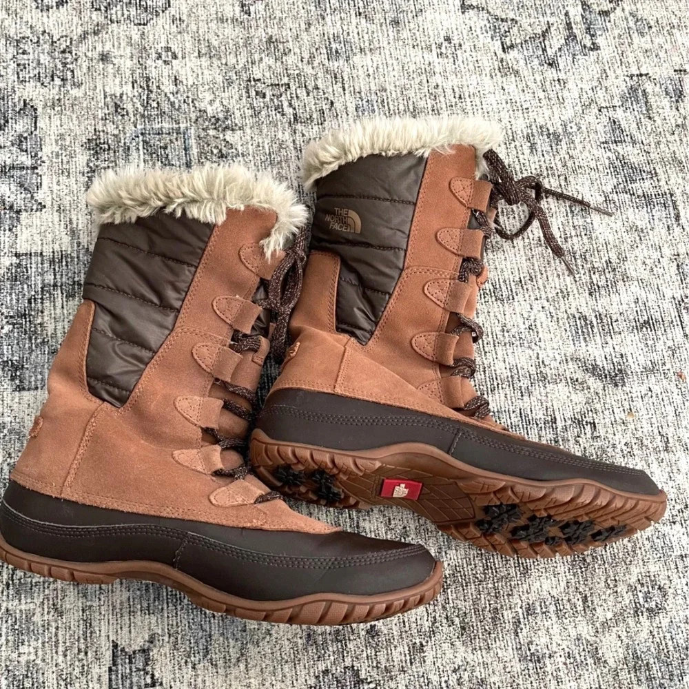 The North Face Shellista Snow Boots Womens 9 Brown Tan Faux Fur Primaloft Suede